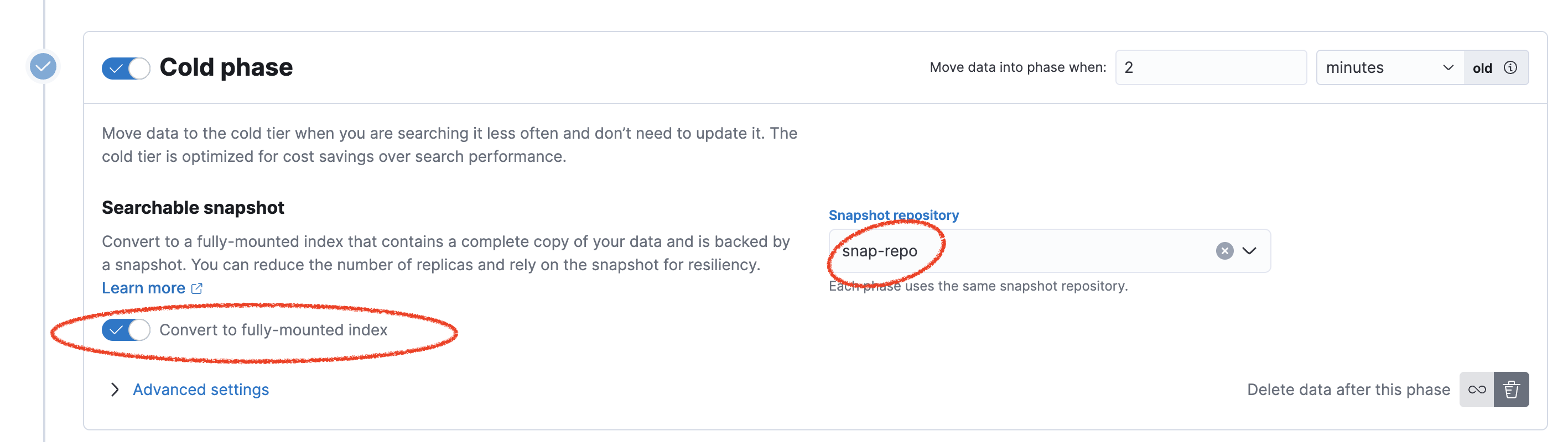 "Searchable snapshots in the cold phase"